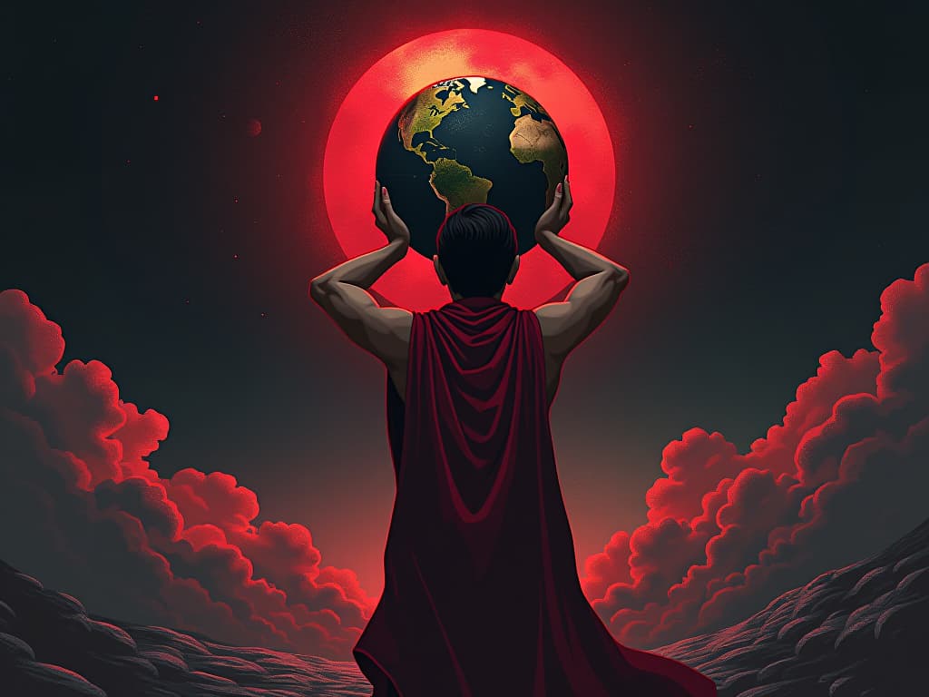  figure in red, carrying globe on shoulders, determined look, vast universe backdrop, mood of enduring strength. the style is digital art illustration / modern comic book / graphic dark novel fantasy and mysterious occult, symbolic, moody lighting, esoteric vibe,high detail on character design. for the color scheme emphasize blacks and reds.