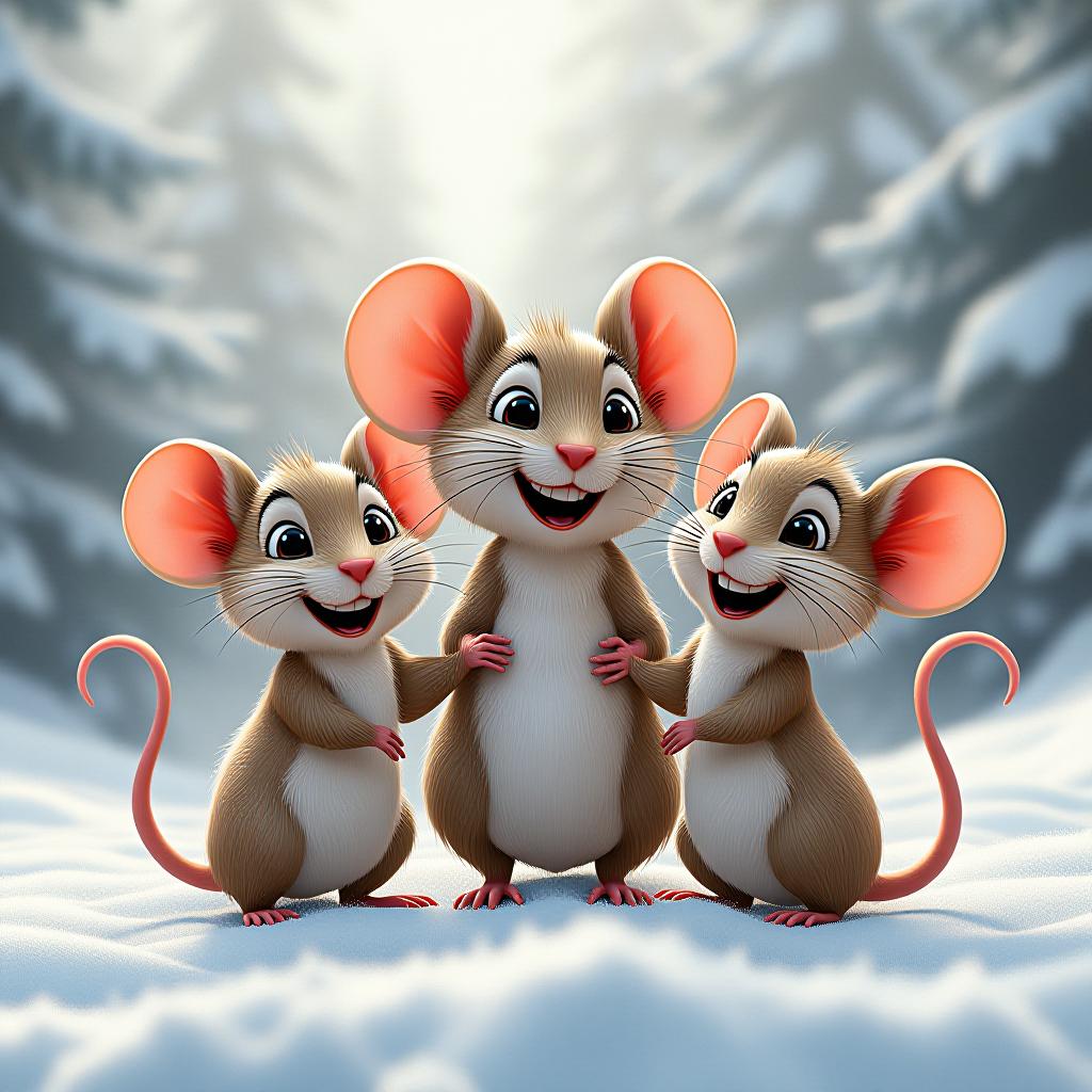  3d joyful friendly cartoon mice on a snowy white canvas, high quality, high details, hd, perfect composition, 4k epic detailed, highly detailed, sharp focus, high resolution