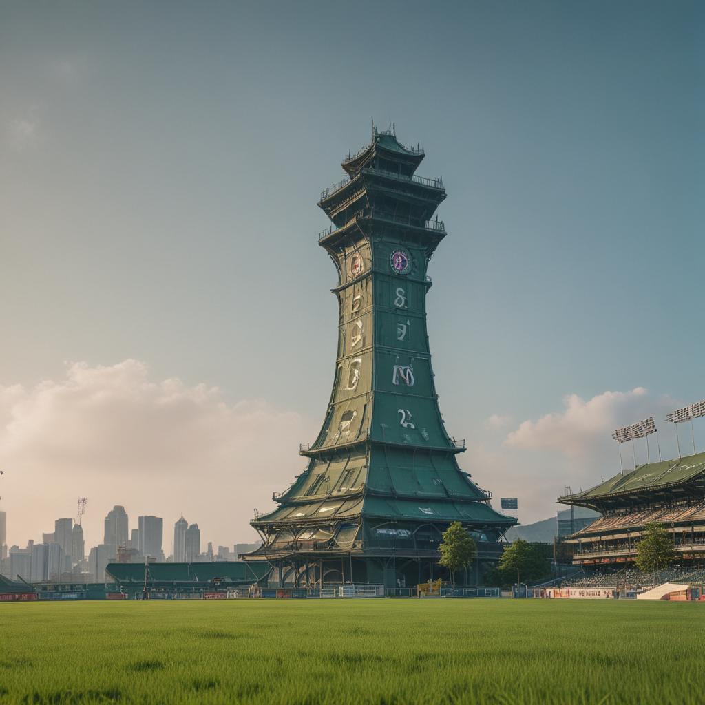 ((masterpiece)),(((best quality))), 8k, high detailed, ultra detailed, A tower at Taoyuan International Baseball Stadium, blue sky, green grass, baseball field, surrounding buildings hyperrealistic, full body, detailed clothing, highly detailed, cinematic lighting, stunningly beautiful, intricate, sharp focus, f/1. 8, 85mm, (centered image composition), (professionally color graded), ((bright soft diffused light)), volumetric fog, trending on instagram, trending on tumblr, HDR 4K, 8K