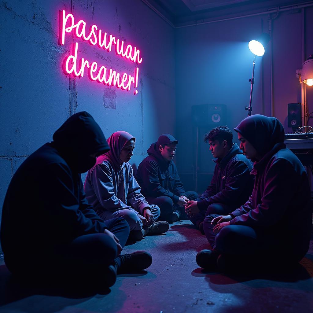  a hyper realistic, cinematic full body shot of a group of 2 old indonesians sitting on the floor in a dark, vintage music studio, illuminated by deep blue and purple lights. the camera captures a candid angle, with everyone immersed in the moment. a man in a black hooded jacket sits with his head bowed, face hidden under the hood and mask, adding mystery. beside him, an arab woman with fair skin, a sharp nose, and a modern hijab sits casually, her energy vint. another man in rapper style clothing exudes confidence, while a hijab wearing woman sits nearby. a bold blockbuster style graffiti reading "pasuruan dreamer!" is half finished on the wall, illuminated by a spotlight, with the paint gleaming under the neon lights, adding a hyperrealistic, full body, detailed clothing, highly detailed, cinematic lighting, stunningly beautiful, intricate, sharp focus, f/1. 8, 85mm, (centered image composition), (professionally color graded), ((bright soft diffused light)), volumetric fog, trending on instagram, trending on tumblr, HDR 4K, 8K