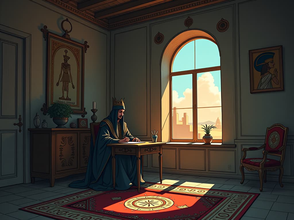  rumi's solitary retreat, a simple room with a writing desk, open window allowing a breeze, a sacred atmosphere where divine connection blossoms. the style is digital art illustration / modern comic book / mysterious occult, symbolic, esoteric vibe,high detail on character design, incorporating ancient egyptian symbology and attire.