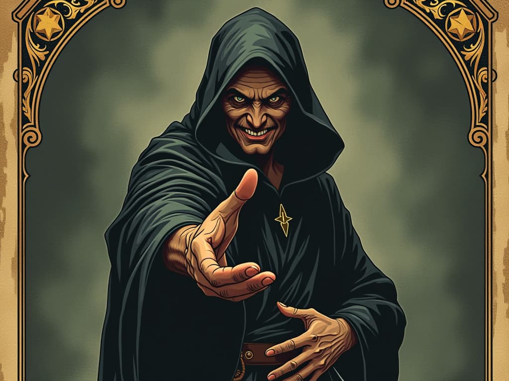  a person extends a hand with a sly smile, cloaked in dark robes, the other hand hidden behind their back holding a dagger, devious, deceitful intentions. an illustration in the style of a worn, mystical old tarot trump card, mysterious and elements of surrealism. the colors are muted, somber and eerie, but with contrast bring out an occult and esoteric vibe.