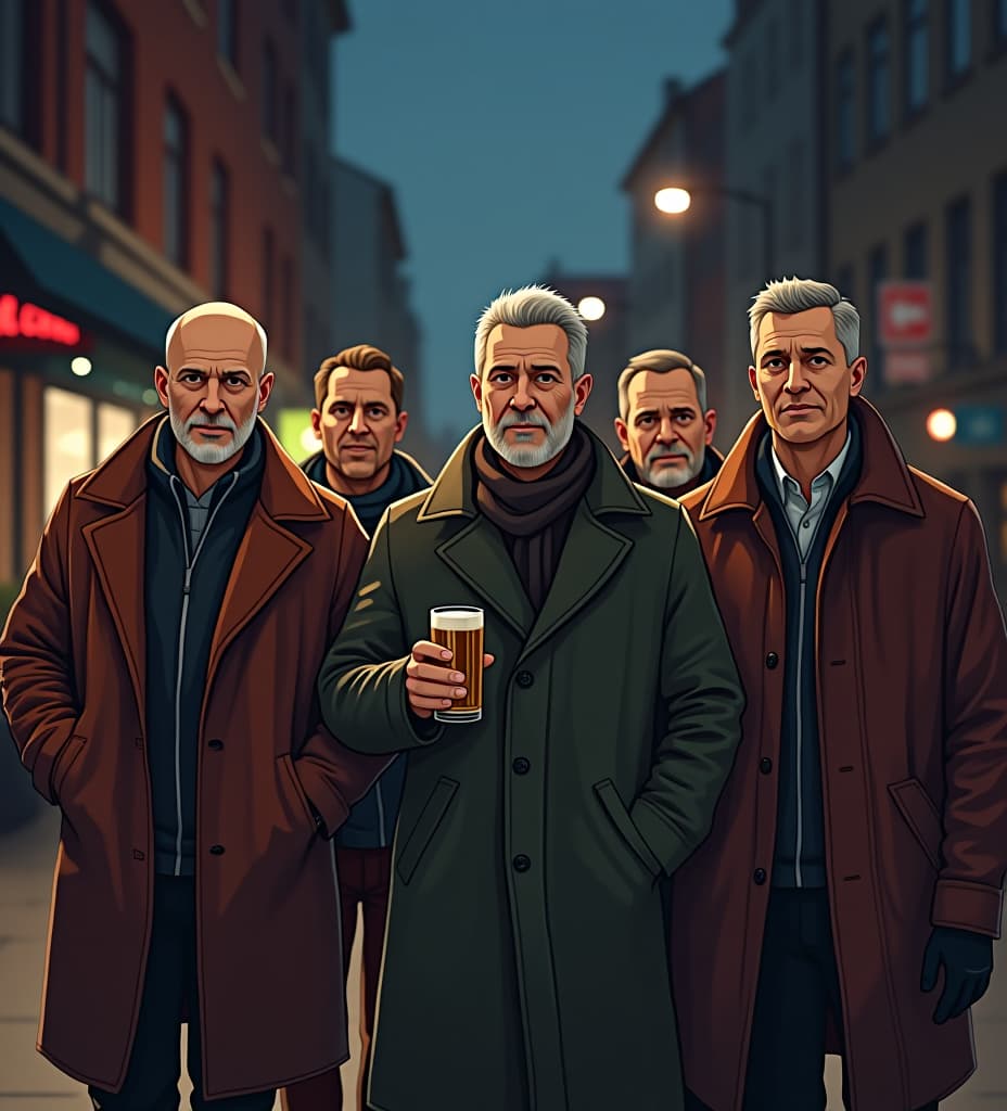  5 guys all aged 45 on their way home from a night out. they're all danes, different heights. one bald, one has gray hair, the rest has normal hair. location is copenhagen. time is 2 am. most bars still open. two guys have a draft beer in hand. different clothing styles, some have a dress shirt on under their coats.