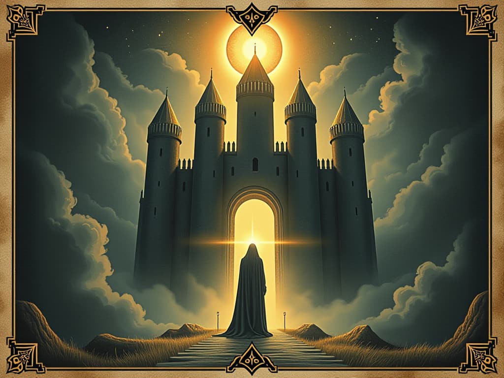  shimmering fortress of light, surrounding a figure, impenetrable strength, radiant glow, fortress like aura, sense of invincibility, bright light, cosmic fortress, protective. an illustration in the style of a worn, mystical old tarot trump card, mysterious and elements of surrealism. the colors are muted, somber and eerie, but with contrast bring out an occult and esoteric vibe.