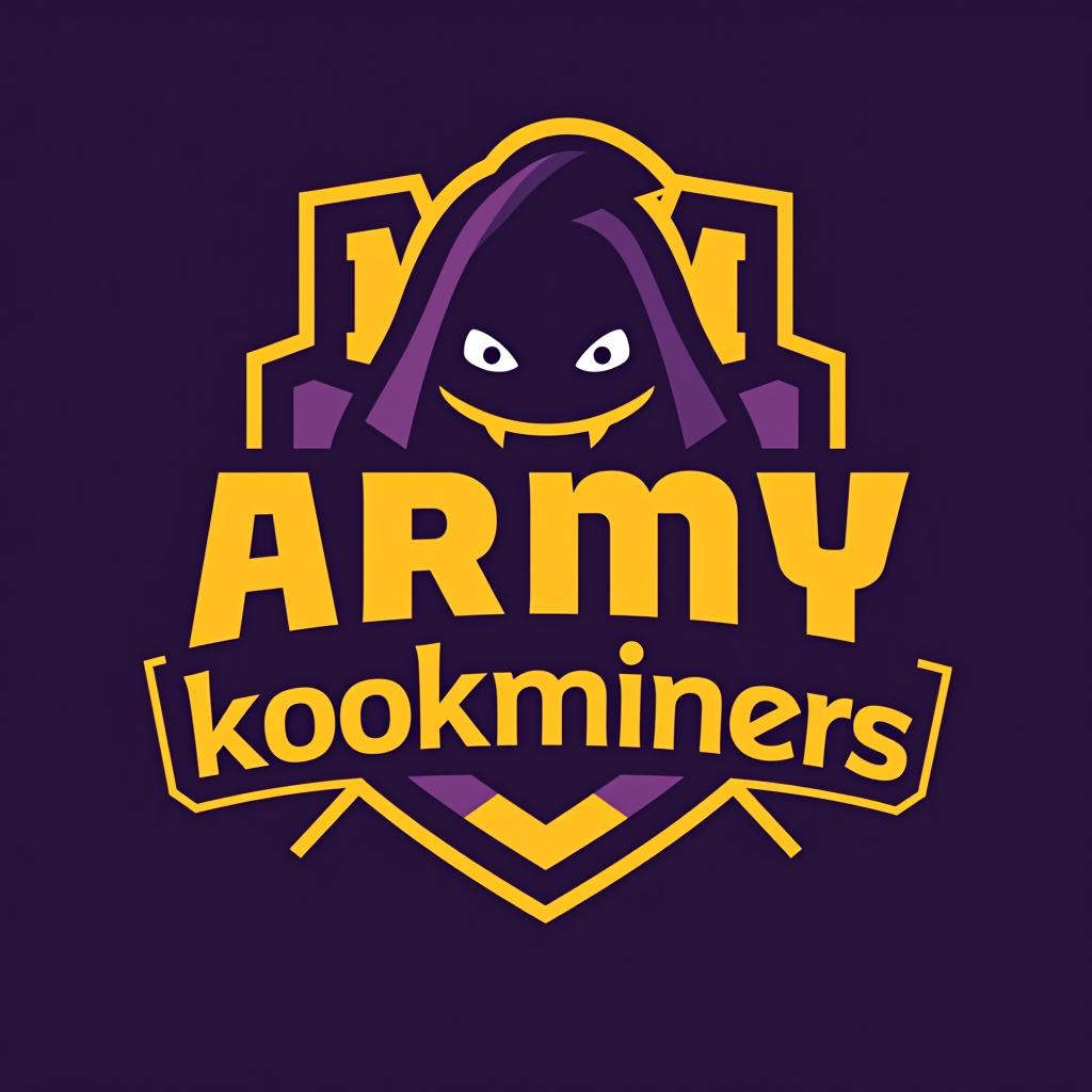  design a logo, purple and yellow, with the text 'army kookminers '.