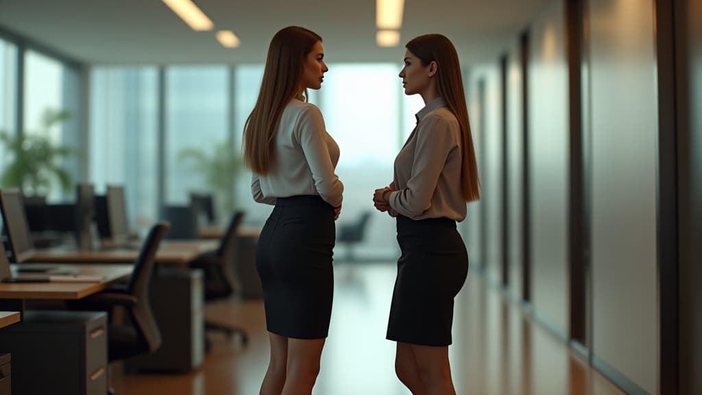  hyperrealistic art full length two business ladies in micro skirts are talking in the office . extremely high resolution details, photographic, realism pushed to extreme, fine texture, incredibly lifelike