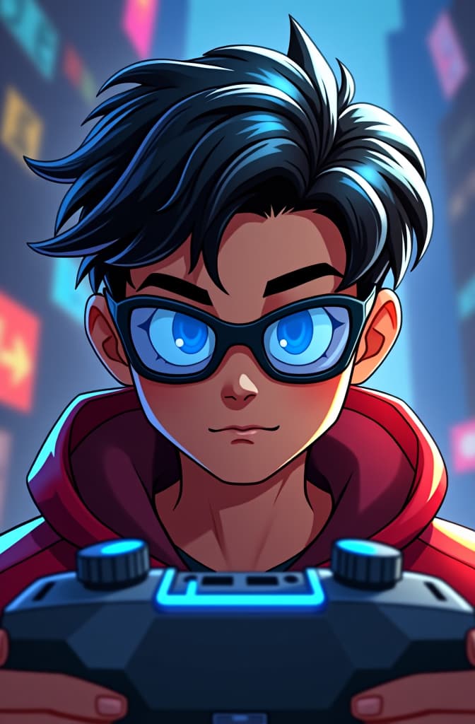  quiero una imagen de un niño para mi perfil de roblox, cara de niño masculino, tez trigueña, con cabello negro ondulado, un poco largo, con mechones azules al terminar; gafas de color azul con negro, con auriculares gamer, marvel comic panel, dc animated comic panel, comic panel, manga and manhwa style panel, portrait, young person face, style for marvel comic, anime comic panel style hyperrealistic, full body, detailed clothing, highly detailed, cinematic lighting, stunningly beautiful, intricate, sharp focus, f/1. 8, 85mm, (centered image composition), (professionally color graded), ((bright soft diffused light)), volumetric fog, trending on instagram, trending on tumblr, HDR 4K, 8K