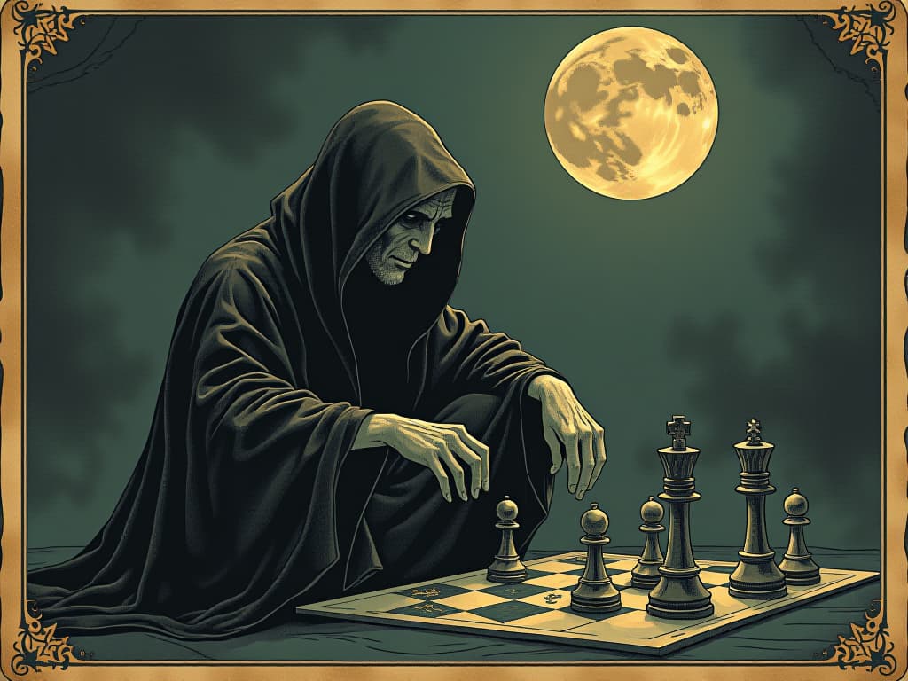  figure manipulating chess pieces under a dark sky, subtle moonlight, strategic, precise, sense of calculated sabotage. an illustration in the style of a worn, mystical old tarot trump card, mysterious and elements of surrealism. the colors are muted, somber and eerie, but with contrast bring out an occult and esoteric vibe.