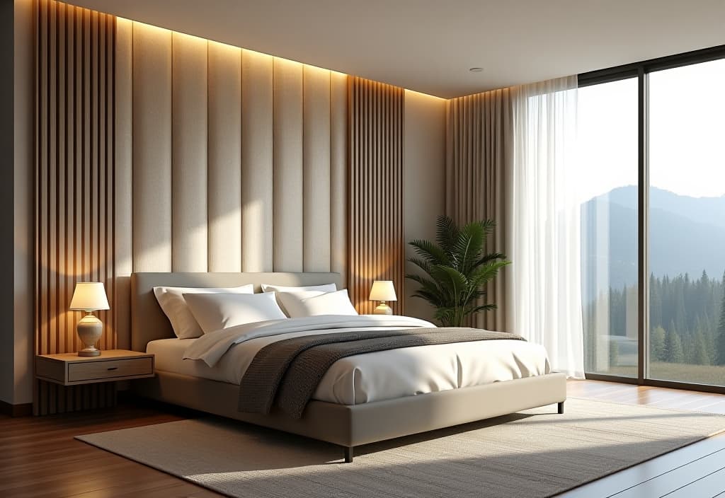  a landscape photo of an elegant bedroom interior showcasing a accent wall with affordable 3d textured wallpaper in a neutral color palette hyperrealistic, full body, detailed clothing, highly detailed, cinematic lighting, stunningly beautiful, intricate, sharp focus, f/1. 8, 85mm, (centered image composition), (professionally color graded), ((bright soft diffused light)), volumetric fog, trending on instagram, trending on tumblr, HDR 4K, 8K