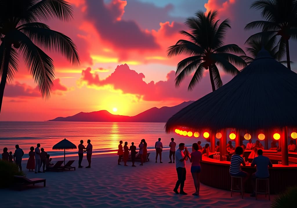  a vibrant sunset over a jamaican beach, with silhouettes of palm trees and a distant mountain range. in the foreground, a colorful beach bar with thatched roof, string lights, and people enjoying drinks and music. the scene should capture the laid back, festive atmosphere of jamaica., in the style of disney hyperrealistic, full body, detailed clothing, highly detailed, cinematic lighting, stunningly beautiful, intricate, sharp focus, f/1. 8, 85mm, (centered image composition), (professionally color graded), ((bright soft diffused light)), volumetric fog, trending on instagram, trending on tumblr, HDR 4K, 8K