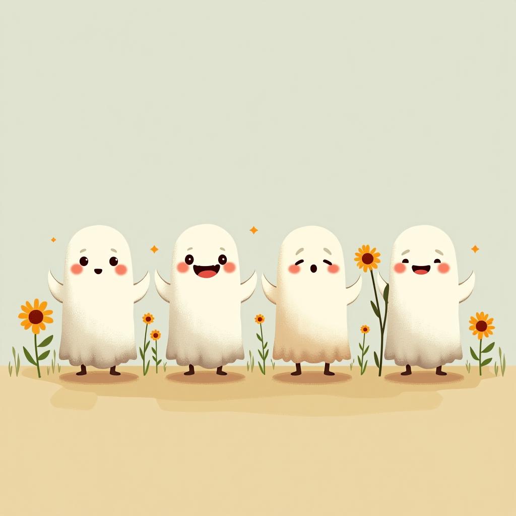  create a digital illustration featuring a row of four or five cute, cartoonish ghost characters, each with a different appearance, standing in different positions within sparse, life like wildflowers.