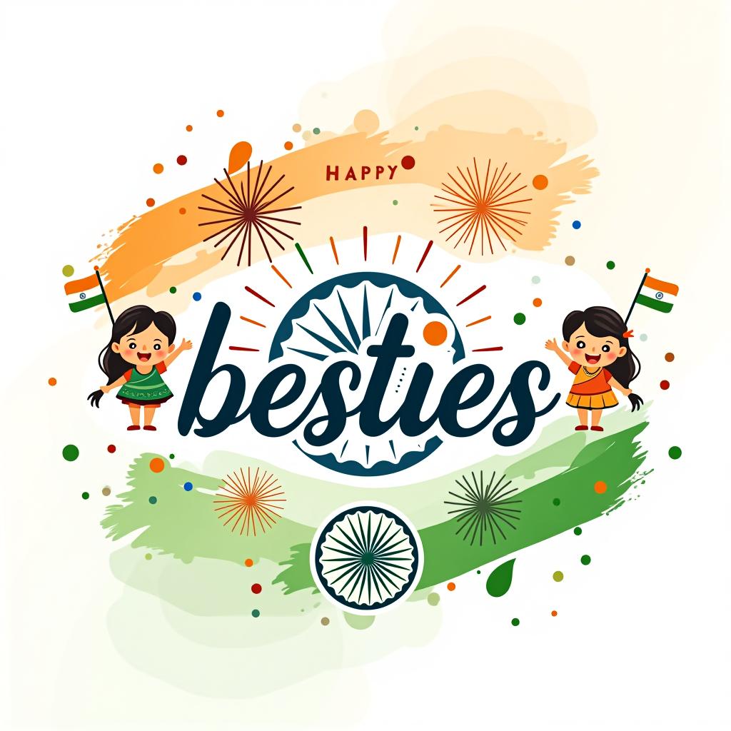  design a festive and cheerful profile picture logo for a group named 'besties' to celete independence day in india. the logo should include vint colors ociated with the indian flag (saffron, white, and green) and feature a cute and in the corners, dressed in traditional indian attire or holding small flags. the central part of the logo should have 'besties' written in a fun, font. add subtle independence day elements, like a backdrop of fireworks or the ashoka chakra, to emphasize the celetion. the overall design should be lively, engaging, and full of patriotic spirit