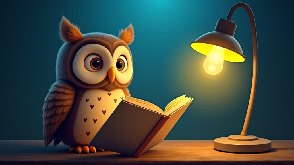  an owl reading a book under a lamp advertising an educational app for kids