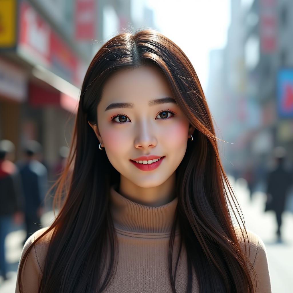  the image features a young korean woman in her 20s with a beautiful face, captured in stunning detail by an ultra high resolution camera. her skin is smooth and flawless, with a soft, natural glow. she has large, expressive eyes that are bright and captivating, framed by long lashes. her nose is delicate and well shaped, and her lips are full with a slight, welcoming smile. her long, straight hair is sleek and glossy, cascading over her shoulders. she exudes a natural beauty, with minimal makeup enhancing her features without overpowering them. the background shows a bustling city street, but her radiant face is the clear focus, drawing the viewer's attention with its charm and grace. hyperrealistic, full body, detailed clothing, highly detailed, cinematic lighting, stunningly beautiful, intricate, sharp focus, f/1. 8, 85mm, (centered image composition), (professionally color graded), ((bright soft diffused light)), volumetric fog, trending on instagram, trending on tumblr, HDR 4K, 8K