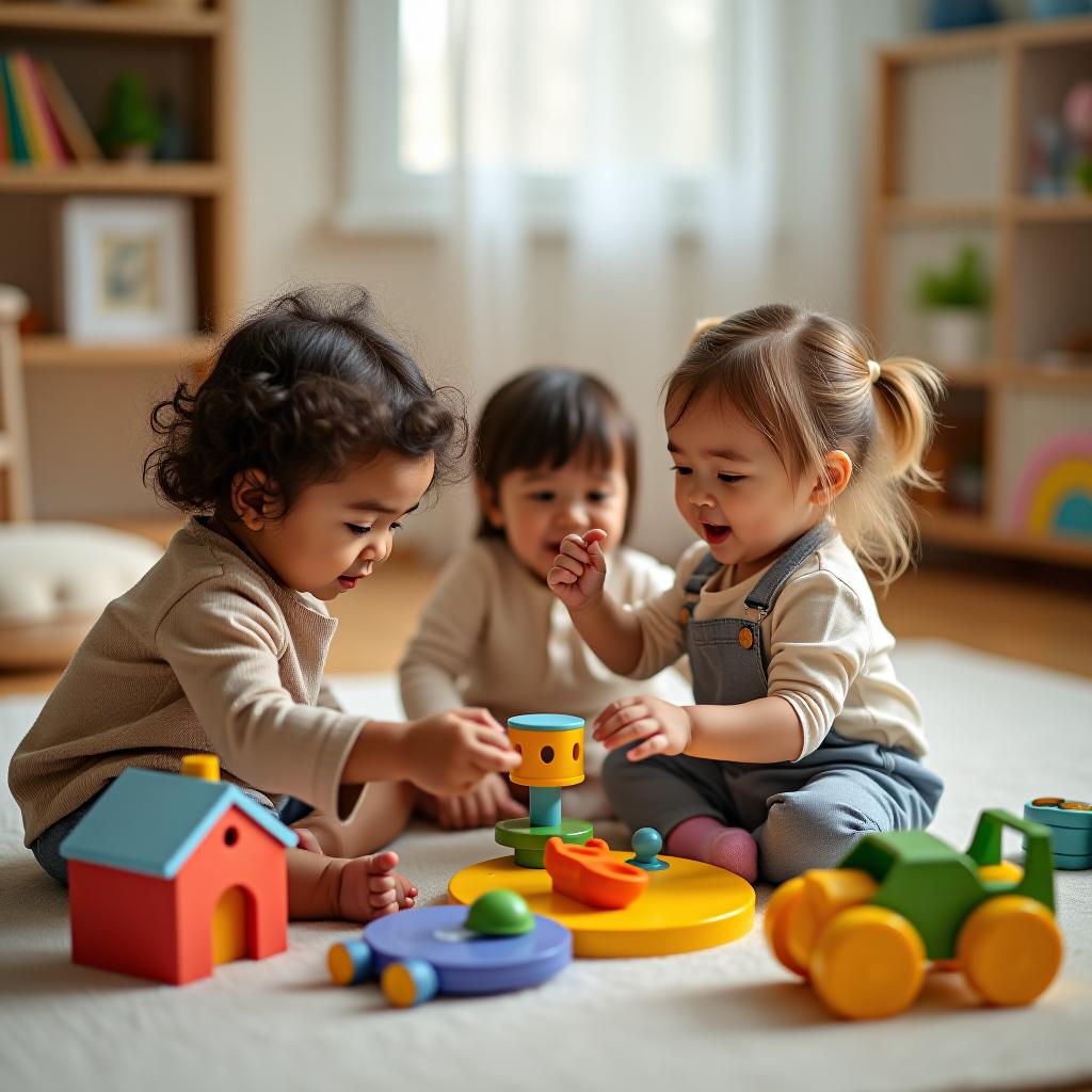  beautiful children are playing with toys in the playroom.