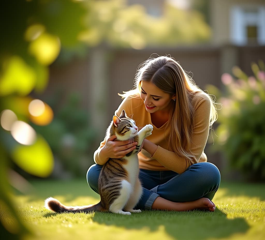  a cat lover playing with their cat in a sunny garden, full body shot, natural lighting, with copy space