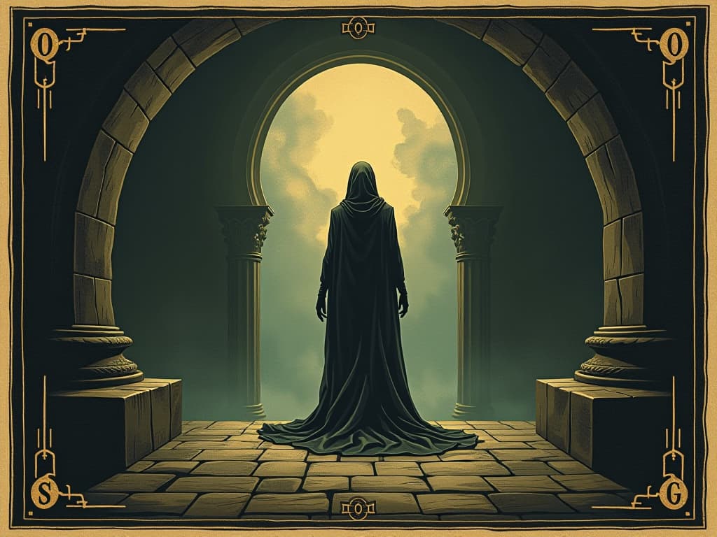  a figure emerging from the shadows, dawning realization, illuminating surroundings, composed, enlightening. an illustration in the style of a worn, mystical old tarot trump card, mysterious and elements of surrealism. the colors are muted, somber and eerie, but with contrast bring out an occult and esoteric vibe.