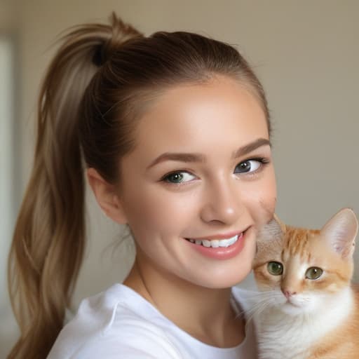 A little girl in ponytail , a cat eyes look smile at her mom happily .