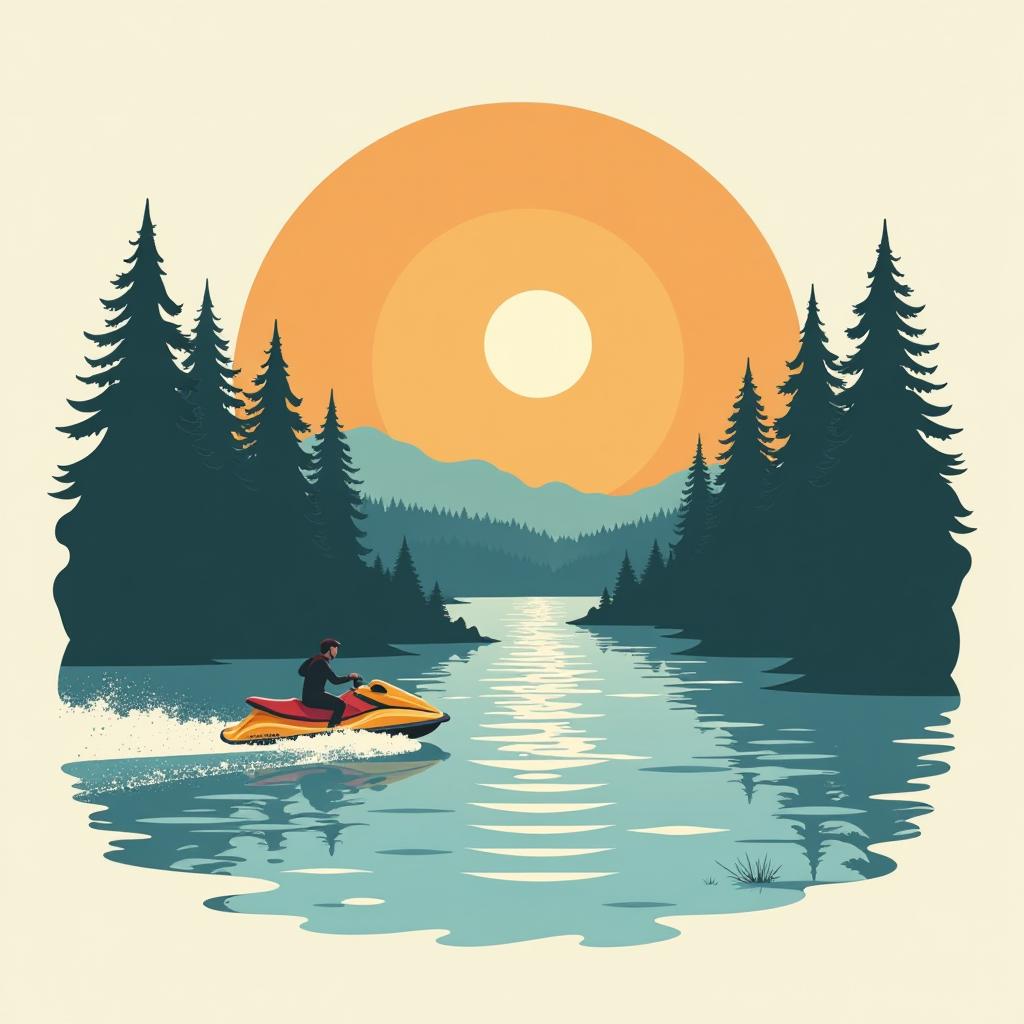  minimalist style flat illustration with ragged edges, river, sun, forest, jetski spinoff with rider . simple, clean, uncluttered, modern, elegant