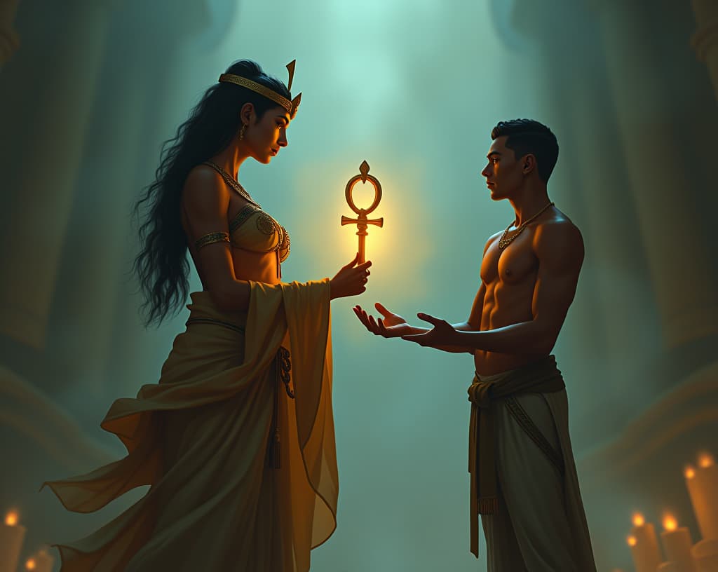  an ancient goddess offering a glowing ankh to a person, sense of audacity and reward, atmosphere of being unapologetically oneself. the style is digital art illustration / modern comic book / mysterious occult, symbolic, esoteric vibe,high detail on character design, incorporating ancient egyptian hyperrealistic, full body, detailed clothing, highly detailed, cinematic lighting, stunningly beautiful, intricate, sharp focus, f/1. 8, 85mm, (centered image composition), (professionally color graded), ((bright soft diffused light)), volumetric fog, trending on instagram, trending on tumblr, HDR 4K, 8K