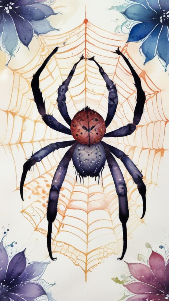 Create artwork a spider with 8 legs weaves a lace web with a floral motif --ar 9:16 using watercolor techniques, featuring fluid colors, subtle gradients, transparency associated with watercolor art