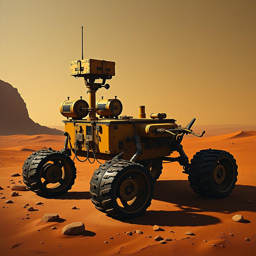  please create a renaissance style painting of a mars rover. use techniques like chiaroscuro and a warm color palette.