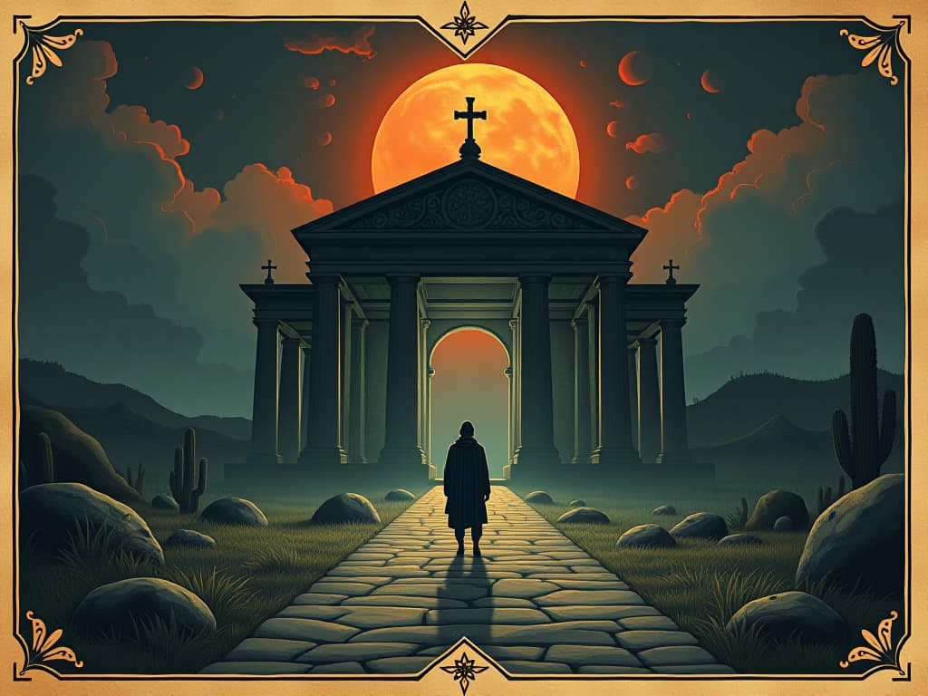  a lone wanderer, standing at the entrance of an ancient temple, symbolizing divine invitation, dusk setting, atmosphere of reflection and discovery. an illustration in the style of a worn, mystical old tarot trump card, mysterious and elements of surrealism. the colors are muted, somber and eerie, but with contrast bring out an occult and esoteric vibe.