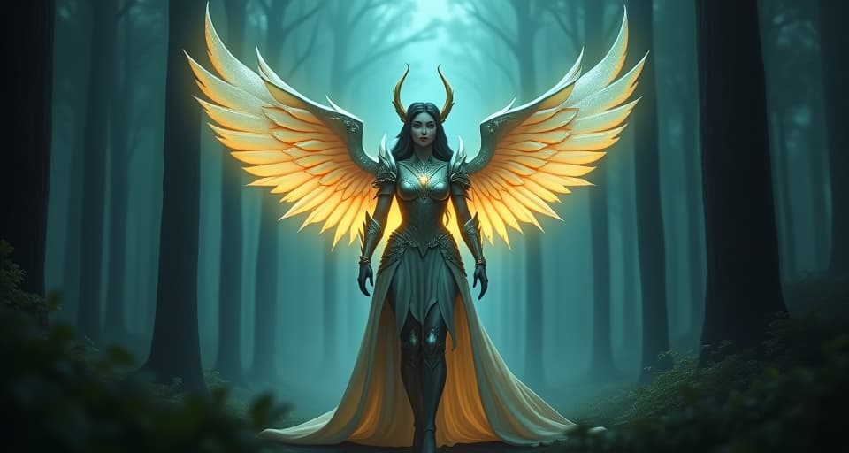  ethereal warrior queen with luminous wings, standing tall amidst a dark forest. her glowing armor contrasts against the ominous surroundings, exuding defiance and resilience, mystical, triumphant, radiant.. the style is digital art illustration,highly detailed, whimsical,magical, dreamlike atmosphere, realism and fantasy blend, smooth, glossy textures,luminous quality, wonder and enchantment.