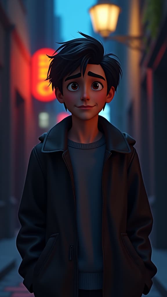  pixar style 3d animation, young man with pensive expression in shadows, dark alley background, dynamic lighting, vibrant colors, detailed textures