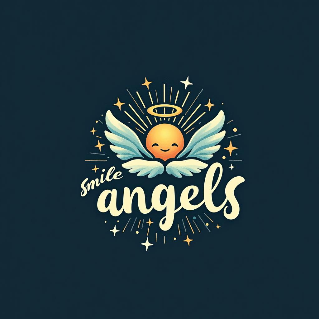  design a logo, in a surrealism style. 水彩スタイル、ロゴ、海、青緑色、、白背景。, with the text 'smile angels'.