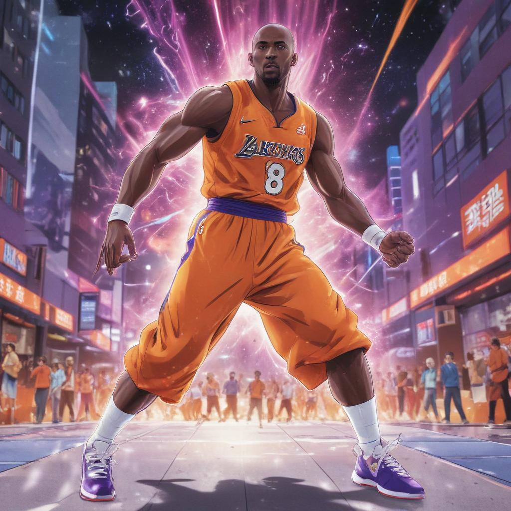 distance-shot, flashy, full-body, dynamic, holographic, animated cartoon poster of kobe scene in the style of dragon ball super