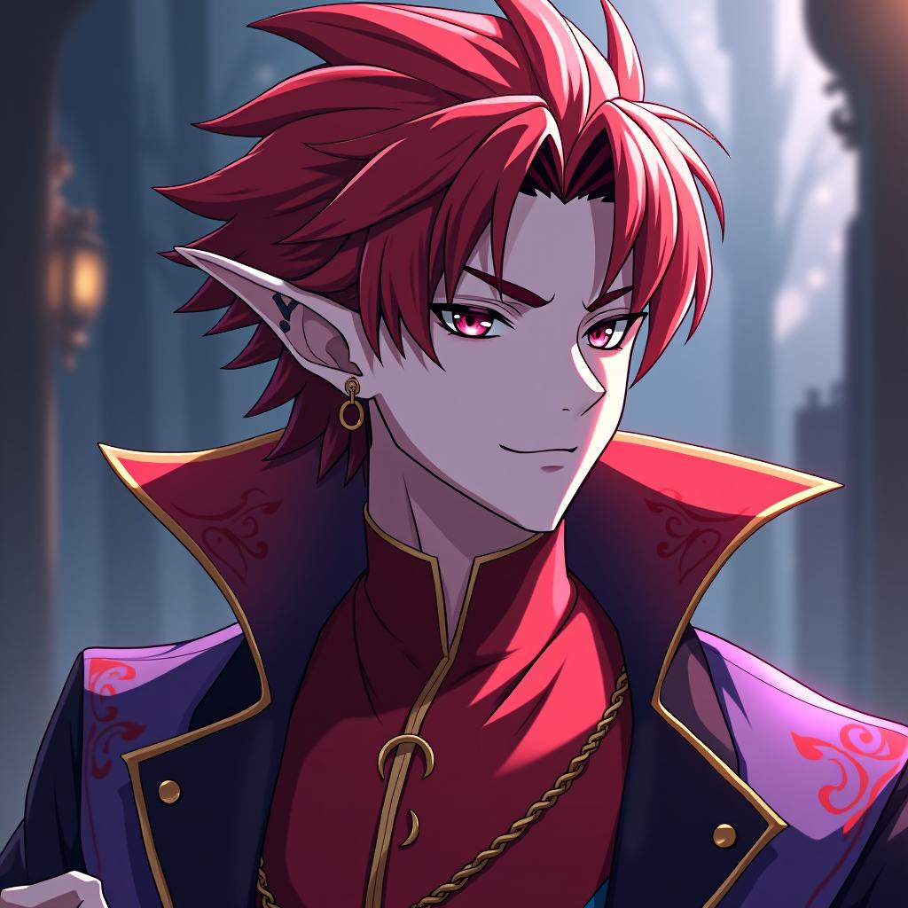  anime artwork the dark elf man has marble white skin, scarlet hair, hair, lavender eyes with a red tint, is dressed in a red purple shirt embroidered with red gold, a semi jacket with a dark scarlet snake skin trim is worn over the shirt, a hairstyle in the style of a hedgehog. there is an earring in the shape of a month in the right ear. the tattoo in the form of a crescent toothed is applied near the left eye socket, the crescent is turned towards the eye . anime style, key visual, vibrant, studio anime, highly detailed hyperrealistic, full body, detailed clothing, highly detailed, cinematic lighting, stunningly beautiful, intricate, sharp focus, f/1. 8, 85mm, (centered image composition), (professionally color graded), ((bright soft diffused light)), volumetric fog, trending on instagram, trending on tumblr, HDR 4K, 8K