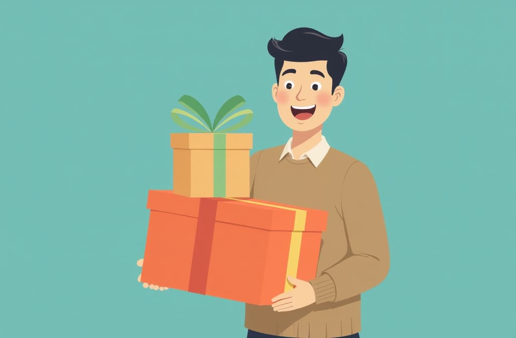  flat illustration, flaticon, (illustration:1.15), foto happy asian man holding stack of present boxes , [cory loftis, strobist, pascal campion :: 0.2]