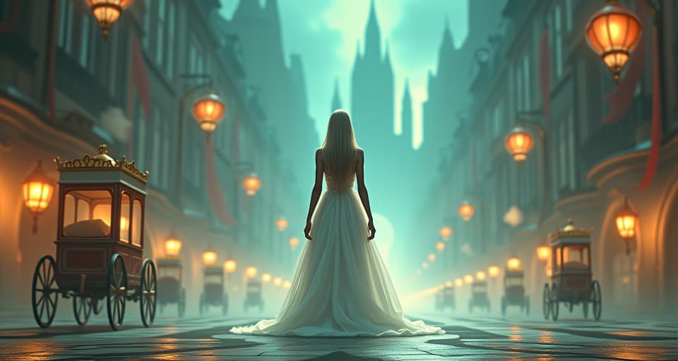  ethereal, translucent figure standing in a bright, mystical cityscape, surrounded by whimsical carriages and glowing orbs, atmosphere of detachment and focus elsewhere. the style is digital art illustration,highly detailed, whimsical,magical, dreamlike atmosphere, realism and fantasy blend, smooth, glossy textures,luminous quality, wonder and enchantment.