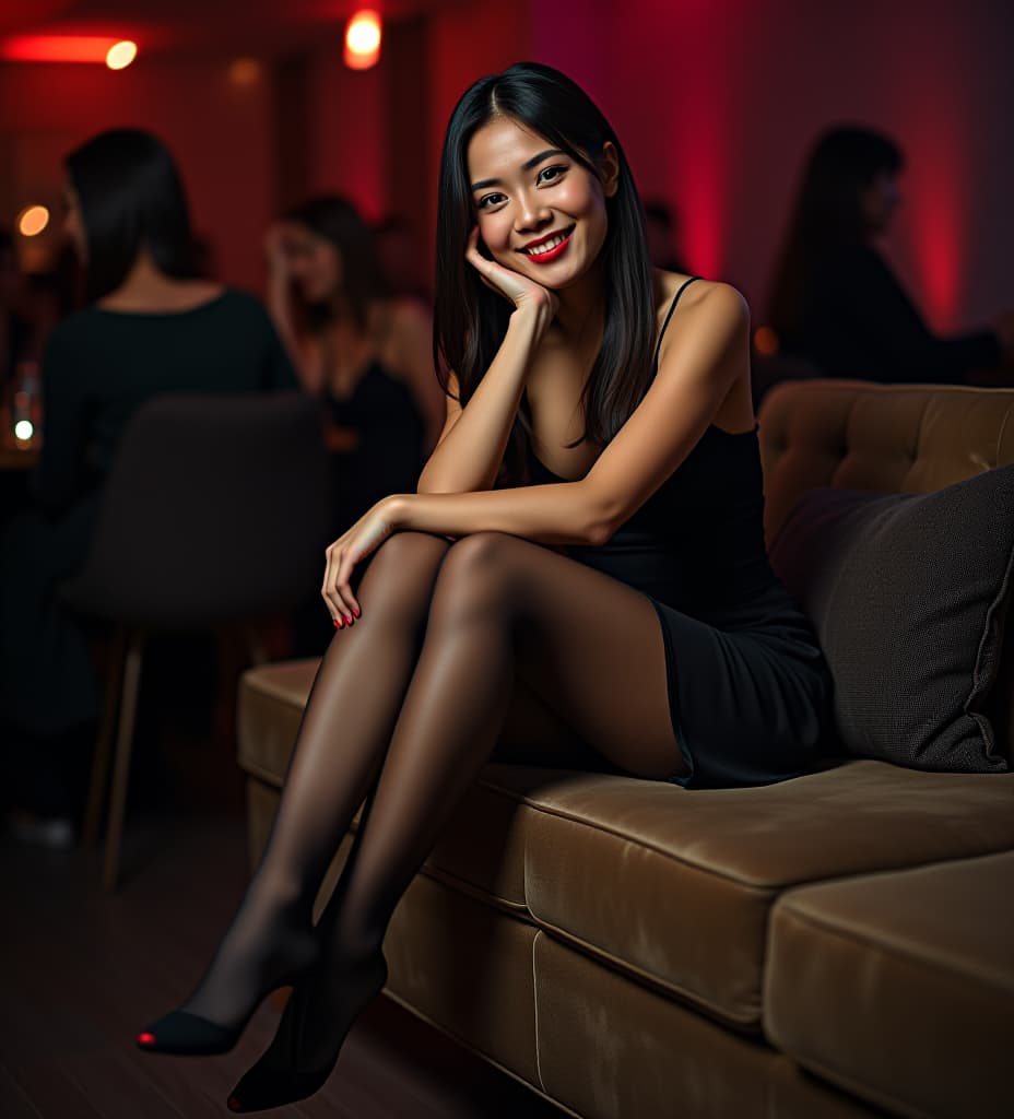  asian woman sitting on a sofa in a party while wearing black cecilia de rafael eterno lucido tights and a dress. red toe polish slightly visible on the feet toenails.