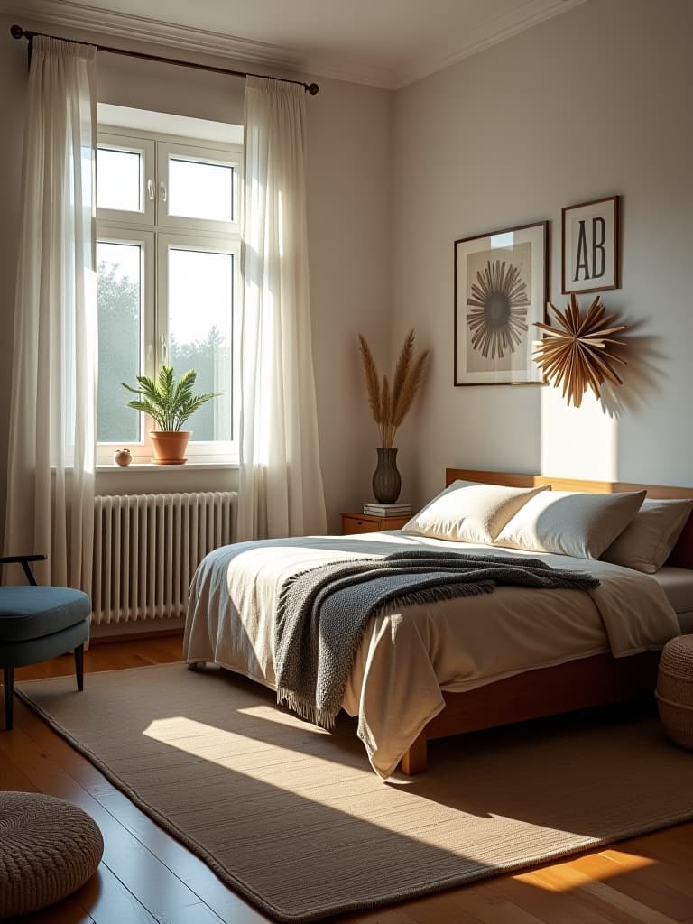  high quality portrait photo of a bright and airy apartment bedroom featuring creative storage solutions, upcycled decor, and a mix of textures and patterns hyperrealistic, full body, detailed clothing, highly detailed, cinematic lighting, stunningly beautiful, intricate, sharp focus, f/1. 8, 85mm, (centered image composition), (professionally color graded), ((bright soft diffused light)), volumetric fog, trending on instagram, trending on tumblr, HDR 4K, 8K