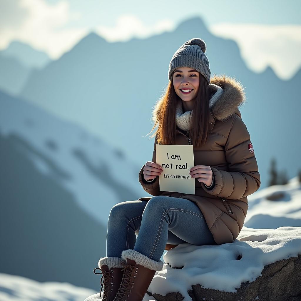  realistic, a young woman wearing winter clothes, she's sitting on a snowy rock, she is wearing winter boots , in the background are several high mountains, she's smiling into the camera, she's holding a piece of paper with "i am not real. this is an ai image" written on it hyperrealistic, full body, detailed clothing, highly detailed, cinematic lighting, stunningly beautiful, intricate, sharp focus, f/1. 8, 85mm, (centered image composition), (professionally color graded), ((bright soft diffused light)), volumetric fog, trending on instagram, trending on tumblr, HDR 4K, 8K