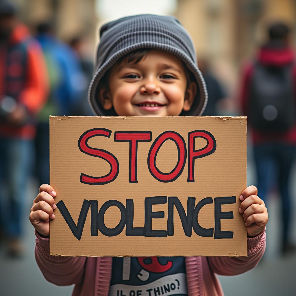  child holds a sign that says stop violence