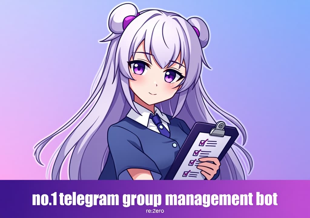  good quality, high quality, a profile picture featuring emilia from re:zero, with her silver hair and purple eyes, holding a stylized clipboard with a checklist. the background is a soft gradient of purple and blue. a bold banner at the bottom reads, "no.1 telegram group management bot" in large, white font with a slight drop shadow.