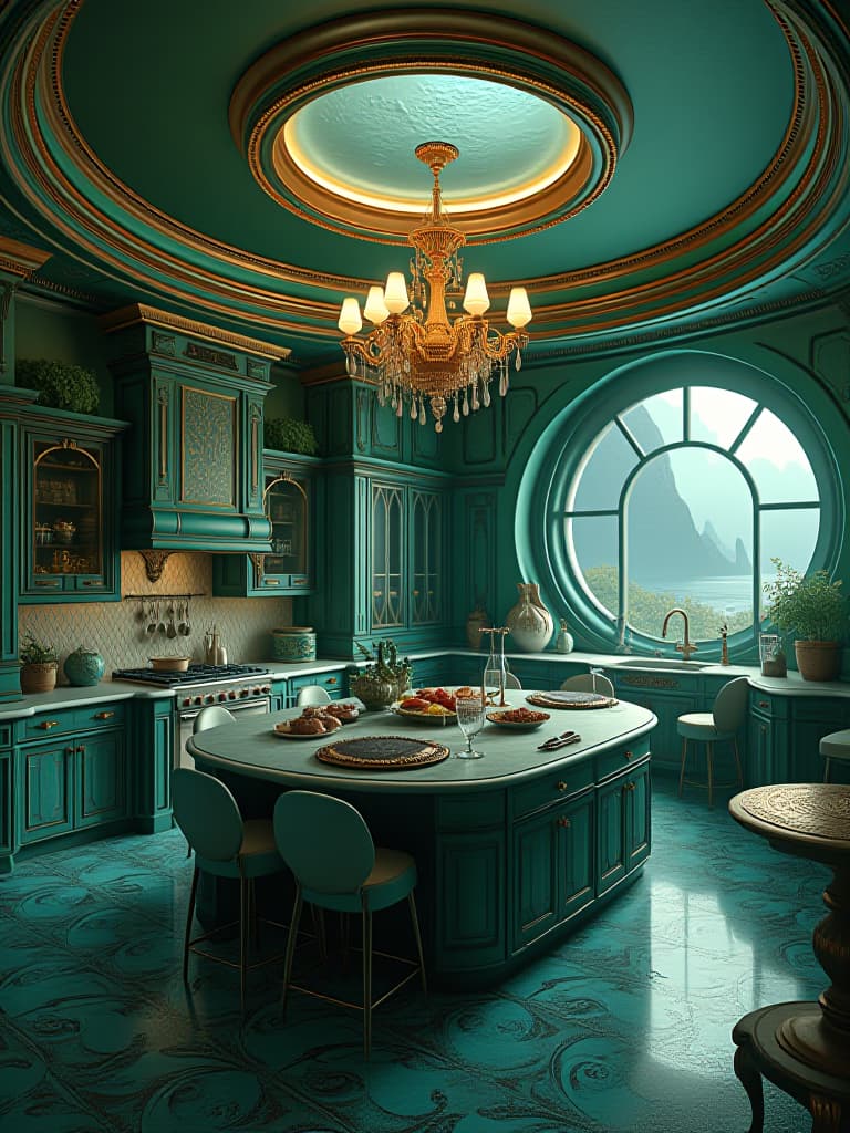  a luxurious mermaid mansion in the deep sea mermaid kitchen . the house is round and big metallic green and gold ver shiny . the kitchen is full of mermaid food . mermaid tales decor