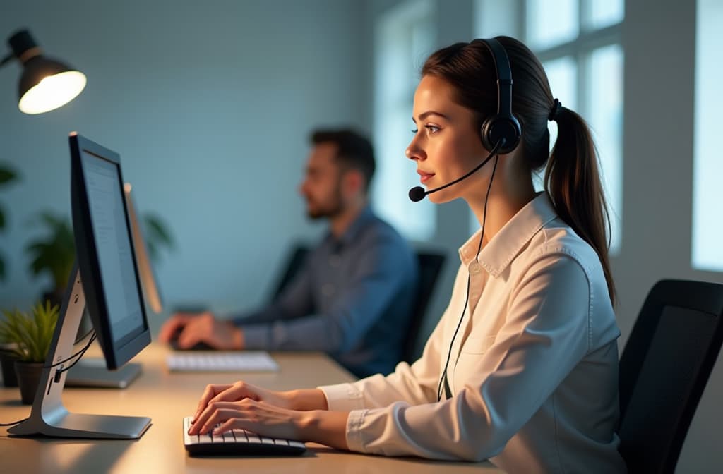  customer support, call center and back of female agent working on online consultation in the office. telemarketing, communication and saleswoman planning crm with headset and computer in workplace. ar 3:2 {prompt}, maximum details