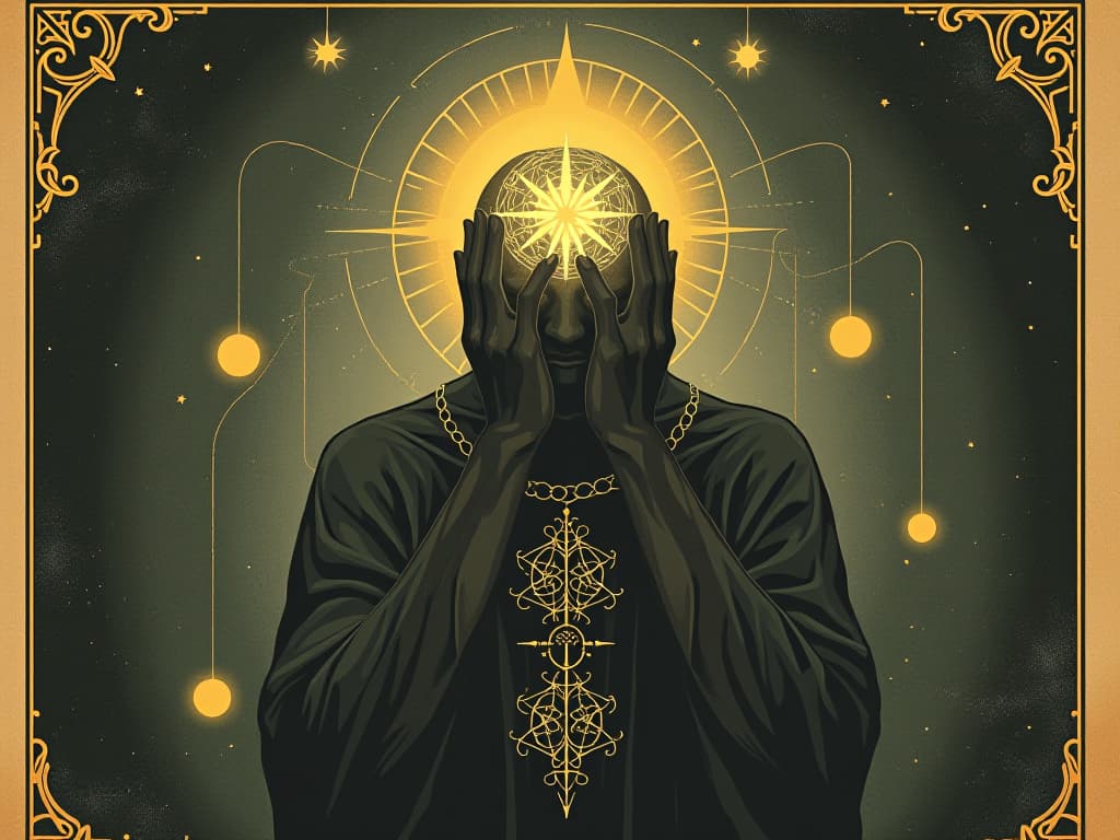  a figure supporting their pineal gland with glowing hands, symbols of nourishment around, soft and healing light, serene and mystical. an illustration in the style of a worn, mystical old tarot trump card, mysterious and elements of surrealism. the colors are muted, somber and eerie, but with contrast bring out an occult and esoteric vibe.