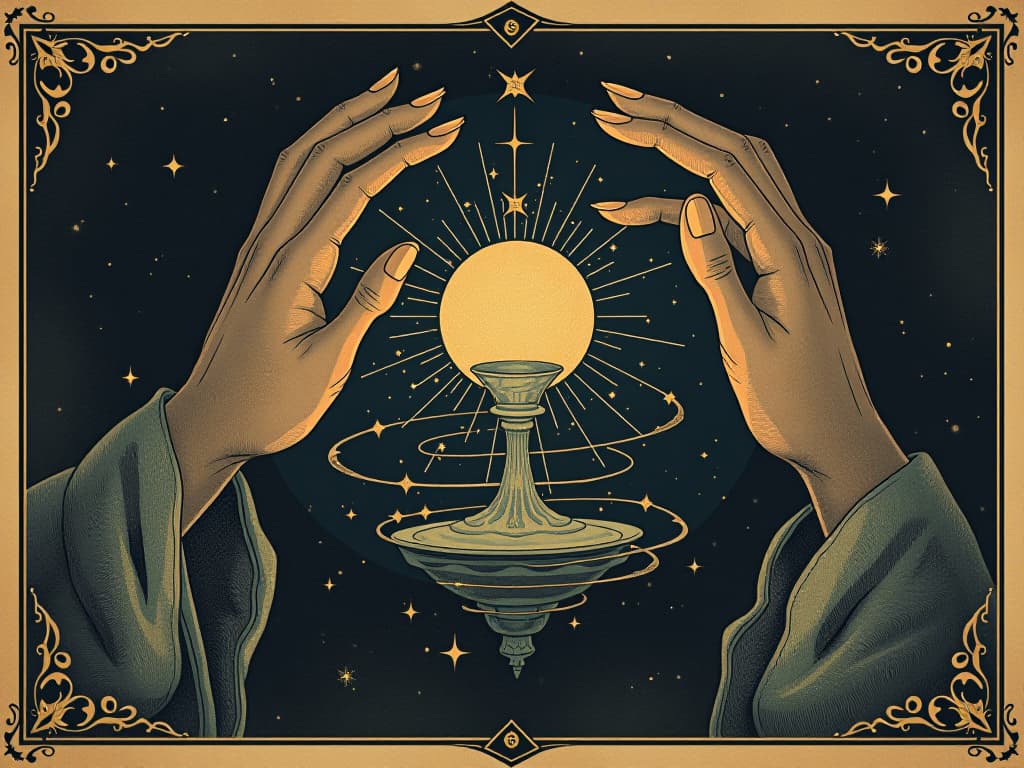  hands shaping an ethereal vessel, symbolic of the universe's instruments at work, guiding and tuning, ethereal, delicate, purposeful. an illustration in the style of a worn, mystical old tarot trump card, mysterious and elements of surrealism. the colors are muted, somber and eerie, but with contrast bring out an occult and esoteric vibe.