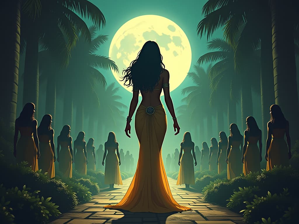  a celestial, large busted female figure in a tight, radiant gown, walking through an ancient, moonlit garden, surrounded by followers, exploring this incredible journey of life, serene ambiance, ethereal lighting. the style is digital art illustration / modern comic book / mysterious occult, symbolic, esoteric vibe,high detail on character design, incorporating ancient egyptian symbology and attire.