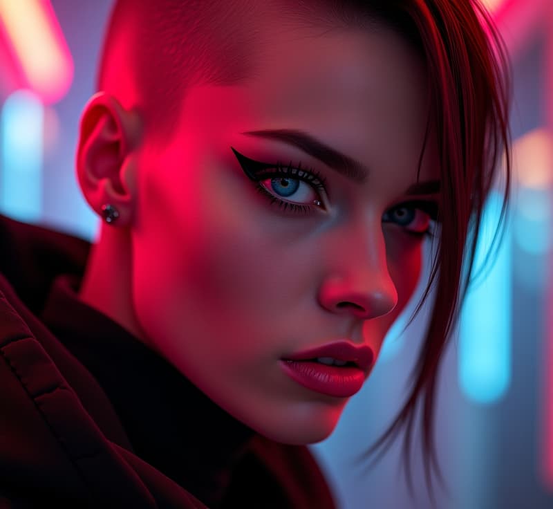  ultra realistic close up portrait ((beautiful pale cyberpunk female with heavy black eyeliner)), blue eyes, shaved side haircut, hyper detail, cinematic lighting, magic neon, dark red city, canon eos r3, nikon, f/1.4, iso 200, 1/160s, 8k, raw, unedited, symmetrical balance, in frame, 8k hyperrealistic, full body, detailed clothing, highly detailed, cinematic lighting, stunningly beautiful, intricate, sharp focus, f/1. 8, 85mm, (centered image composition), (professionally color graded), ((bright soft diffused light)), volumetric fog, trending on instagram, trending on tumblr, HDR 4K, 8K