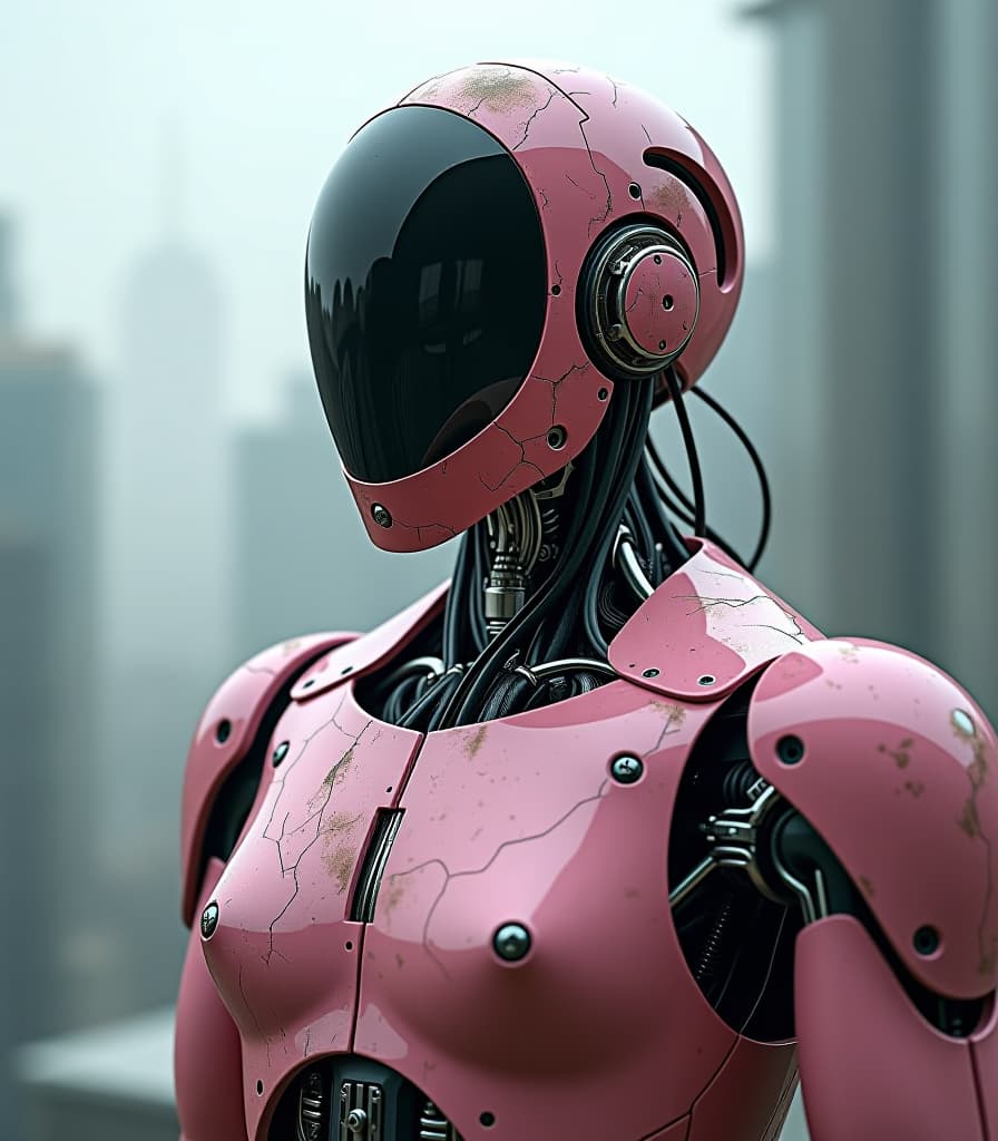  cybernetic robot faceless cyborg mechanical parts in head black glass pink body reflected structure cracked and scratched worn plastic large cracks and damage dirt and dust rusthalf waist close up photo cloudy city background maximal intricate detail hyperrealistic rendering view from abowe 8k uhd . android, ai, machine, metal, wires, tech, futuristic, highly detailed hyperrealistic, full body, detailed clothing, highly detailed, cinematic lighting, stunningly beautiful, intricate, sharp focus, f/1. 8, 85mm, (centered image composition), (professionally color graded), ((bright soft diffused light)), volumetric fog, trending on instagram, trending on tumblr, HDR 4K, 8K