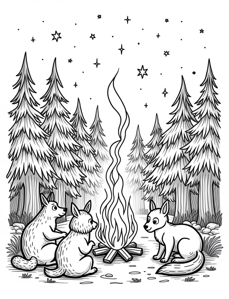  a group of forest animals gathered around a campfire under a starlit sky, black and white line art on a white background, for an adult coloring page.