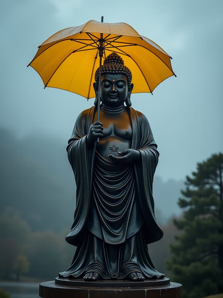  buddha statue, dark lighting, dark atmosphere, black gold buddha, expressionless face, buddha statue with umbrella, rainy outdoors, gray sky, gray clouds, standing buddha statue with yellow umbrell, full body shot