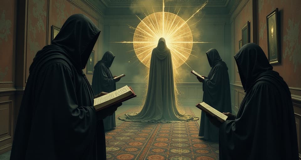  observers in shadowy cloaks, studying a radiant figure from a distance, taking notes, sombre expressions, sense of analysis and dissection, dimly lit room. an illustration in the style of a worn, mystical old tarot trump card, mysterious and elements of surrealism. the colors are muted, somber and eerie, but with contrast bring out an occult and esoteric vibe.