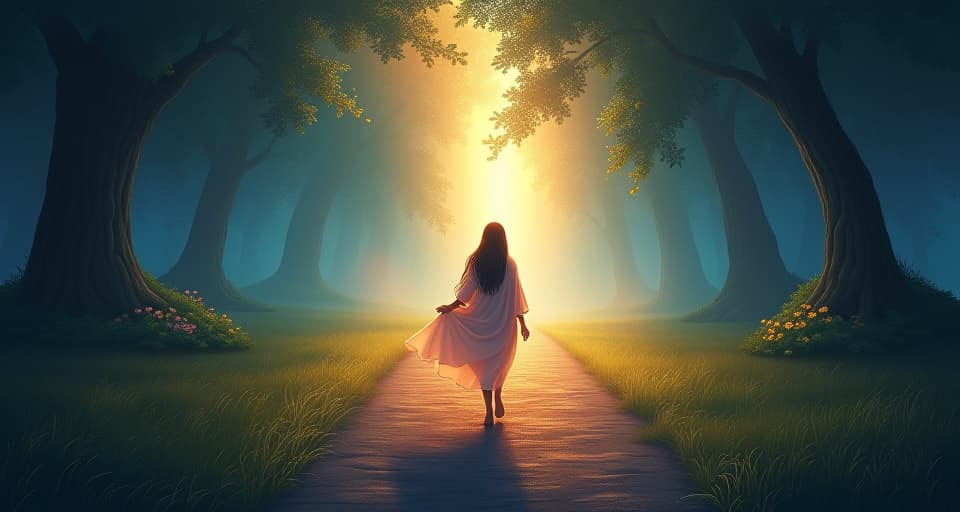  moving away, ethereal stranger behind, lingering light, glowing path, serene park. the style is digital art illustration,highly detailed, whimsical,magical, dreamlike atmosphere, realism and fantasy blend, smooth, glossy textures,luminous quality, wonder and enchantment.